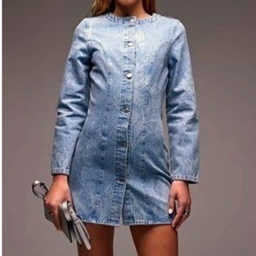 ASOS Denim Floral Laser Etch Mini Dress Light Wash Tailored‎ Sz 4